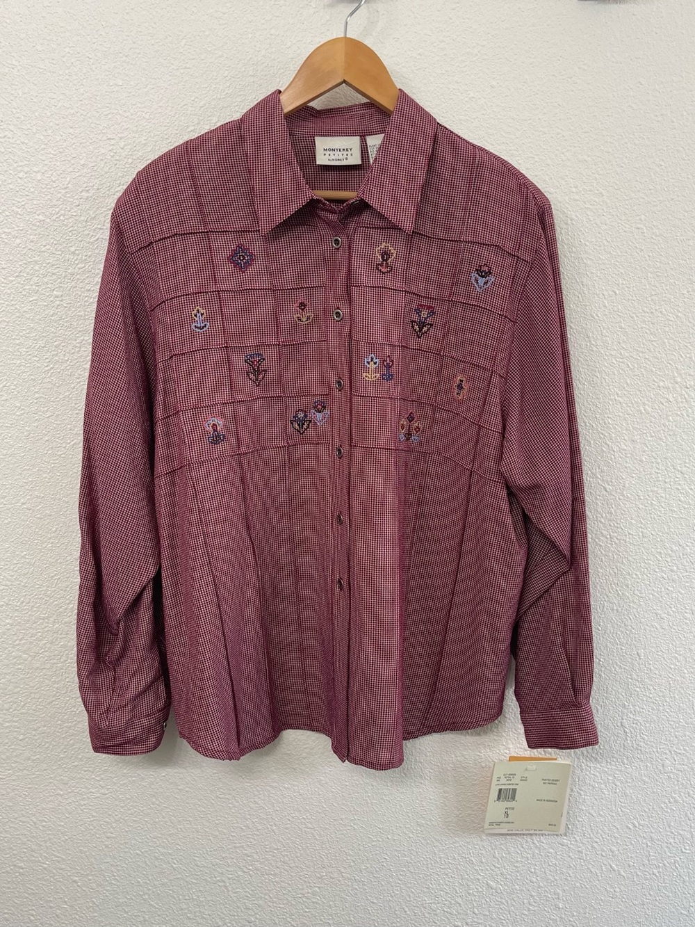Monterey by Koret Petite Checked Maroon Button-Up Shirt Floral Embroidery Detail